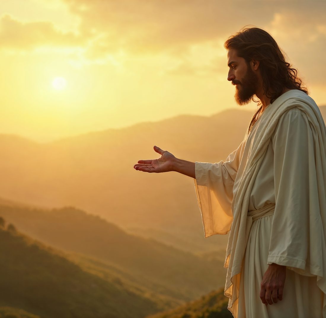 Jesus with an outstretched hand overlooking hills at sunrise