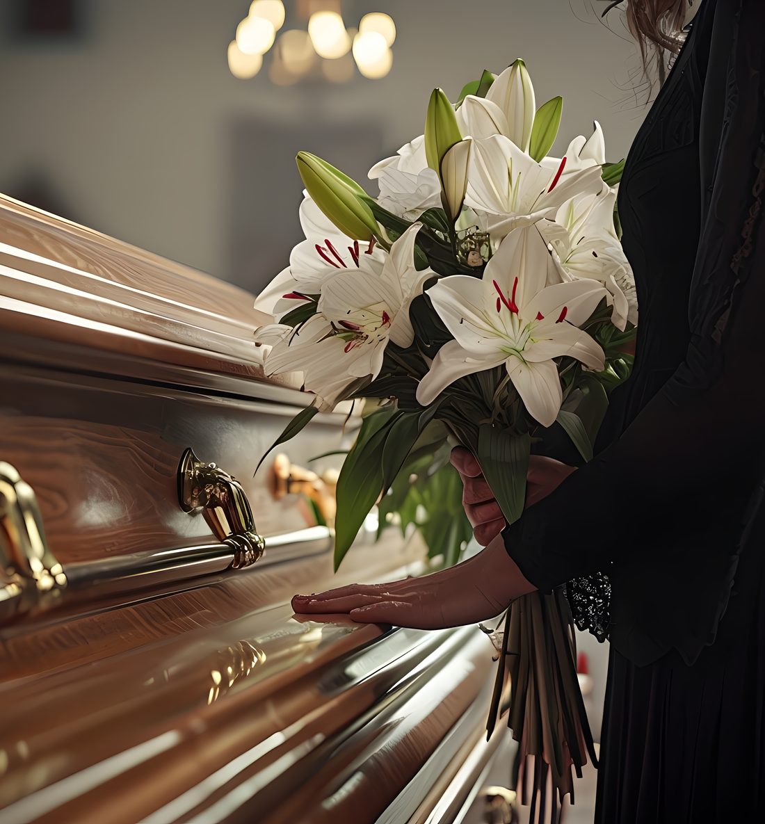 A casket with a bouquet of white lilies