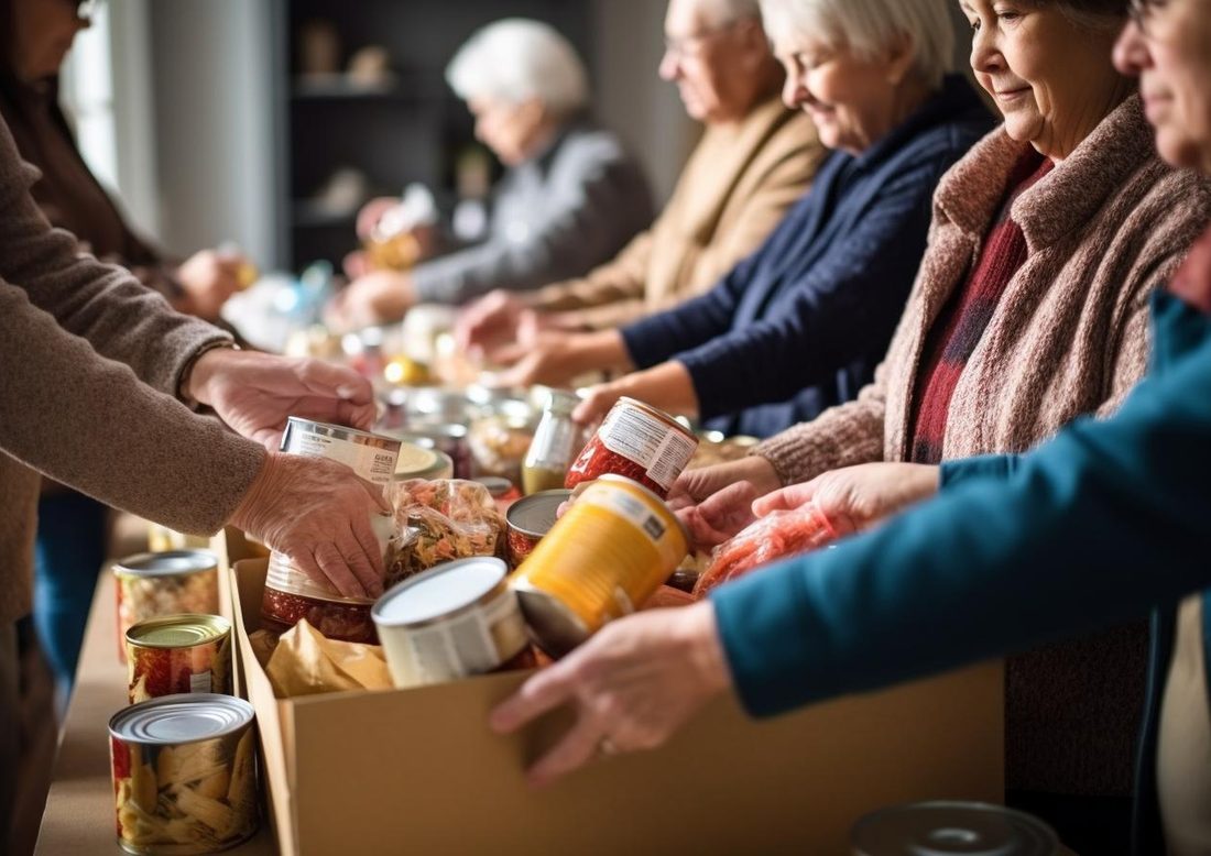 Volunteers sorting canned food donations